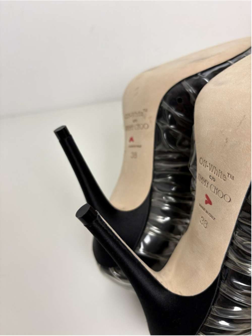 Jimmy Choo x Off-White Anne 100 Pumps Black PVC Ruched Pointed Toe Heel 38 NEW - Picture 12 of 14